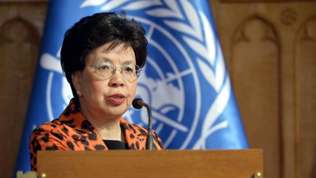 Margaret Chan spricht vor der Flagge der Vereinten Nationen.