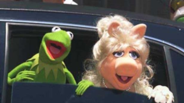 Kermit der Frosch und Miss Piggy schauen aus einem Autofenster.