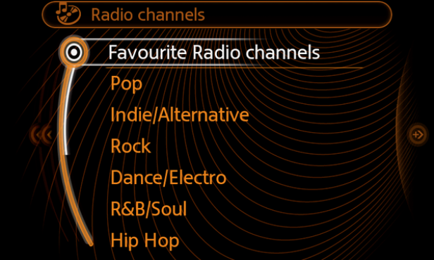 Ein Menü mit Radiosendern und verschiedenen Musikgenres wie Pop, Rock und Hip Hop.