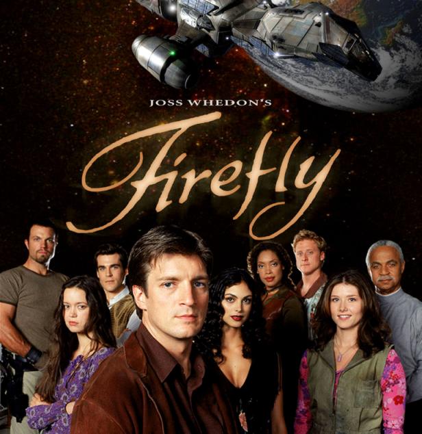 Das Filmplakat für Joss Whedons „Firefly“ zeigt die Besetzung und ein Raumschiff vor einem Sternenhintergrund.