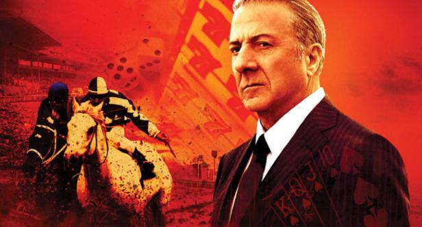 Das Filmplakat für „Runner Runner“ zeigt Dustin Hoffman, Pferderennen und Spielkarten.