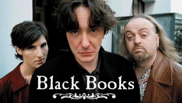 Das Ensemble der britischen Sitcom „Black Books“.