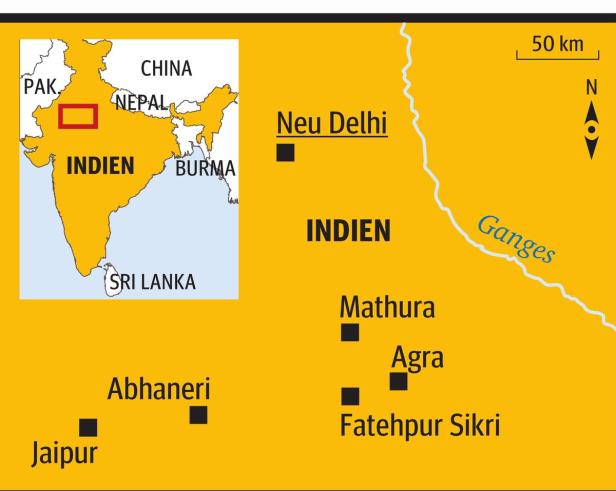 Eine Karte von Indien mit den Städten Neu Delhi, Jaipur, Agra und dem Fluss Ganges.