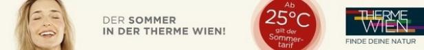 Eine Frau entspannt sich; Werbung für die Therme Wien mit Sommertarif ab 25°C.