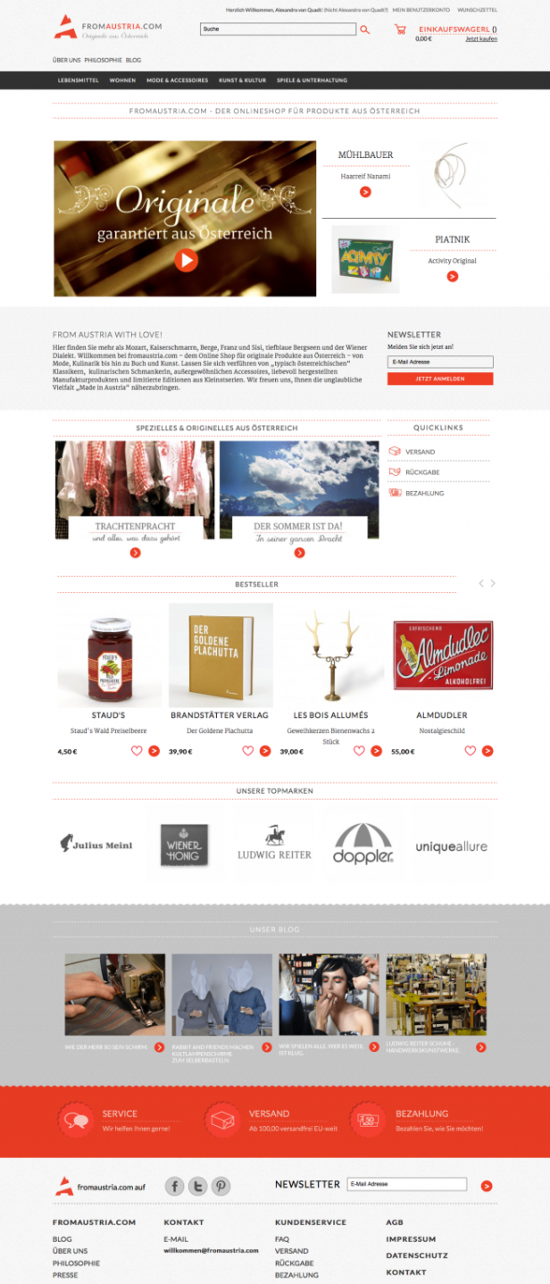 Die Startseite von fromaustria.com, einem Onlineshop für Produkte aus Österreich.