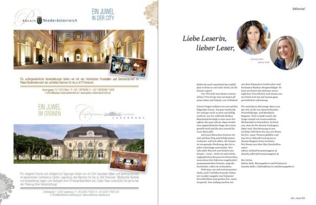 Eine Doppelseite einer Broschüre, die das Palais Niederösterreich und das Conference Center Laxenburg bewirbt.