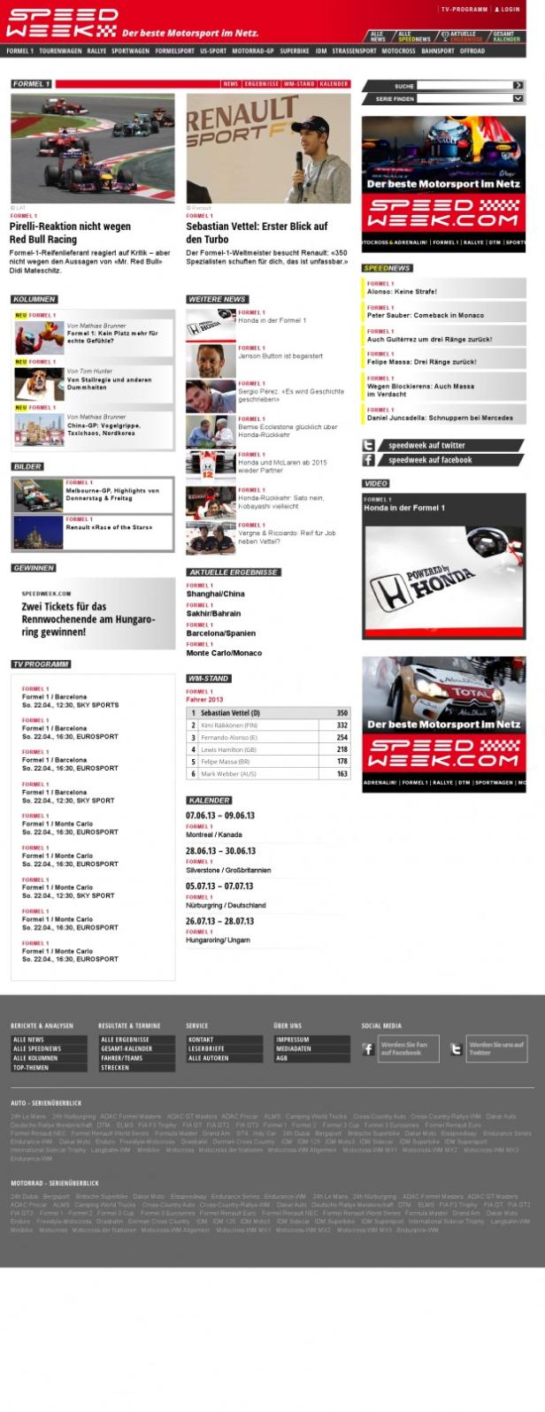 Die Webseite Speedweek.com mit Artikeln und Ergebnissen zum Motorsport, insbesondere Formel 1.