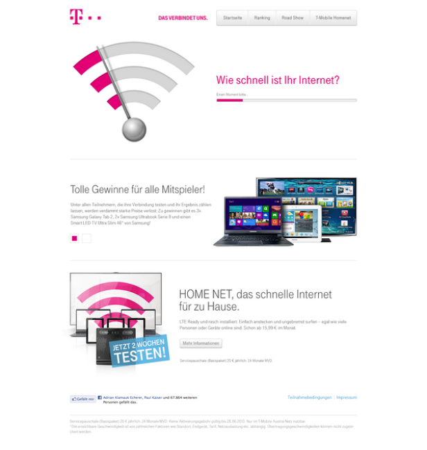 Eine T-Mobile Webseite mit Informationen zu Internetgeschwindigkeit und Gewinnspielen.
