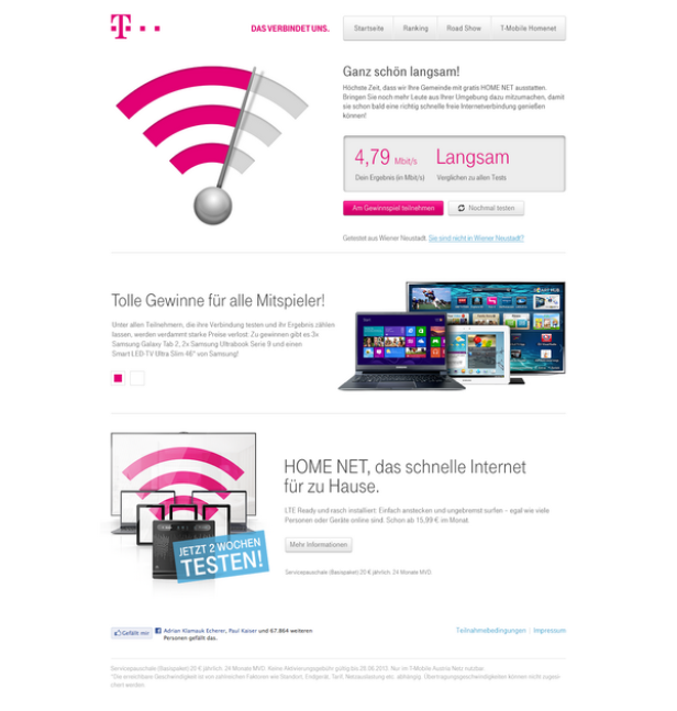 Die T-Mobile Homepage wirbt für HOME NET mit Gewinnspielen und schnellem Internet für zu Hause.
