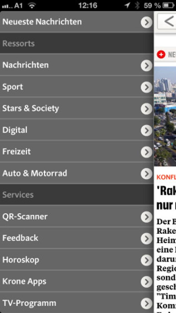 Ein Screenshot der Menüstruktur einer Nachrichten-App auf einem Smartphone.
