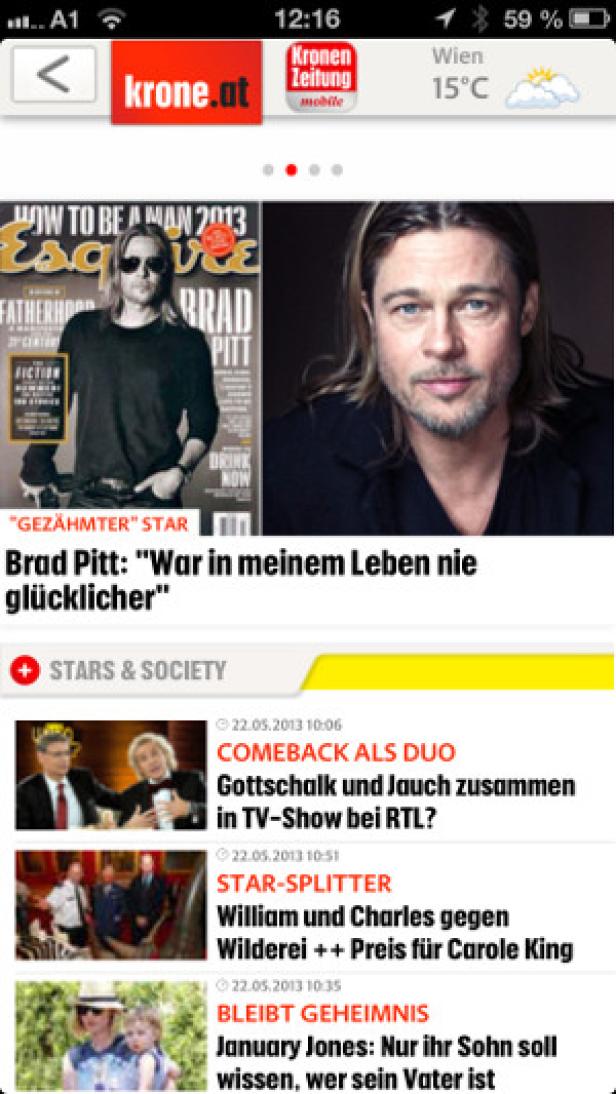 Ein Screenshot der Krone.at-Mobile-App mit einem Artikel über Brad Pitt.