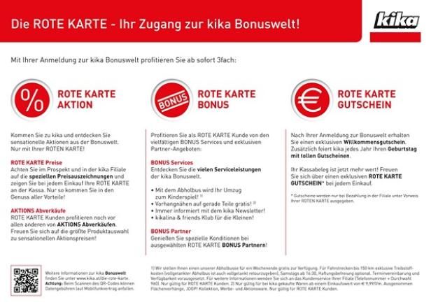 Eine Werbeanzeige für die „Rote Karte“ von Kika, die verschiedene Vorteile und Aktionen bewirbt.
