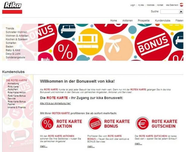 Die Webseite von kika mit Hinweisen auf die „Rote Karte“ und verschiedene Bonusaktionen.