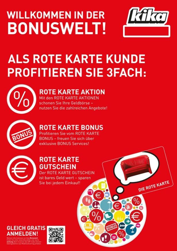 Ein Werbeplakat für die „Rote Karte“ von Kika mit verschiedenen Vorteilen und Aktionen.