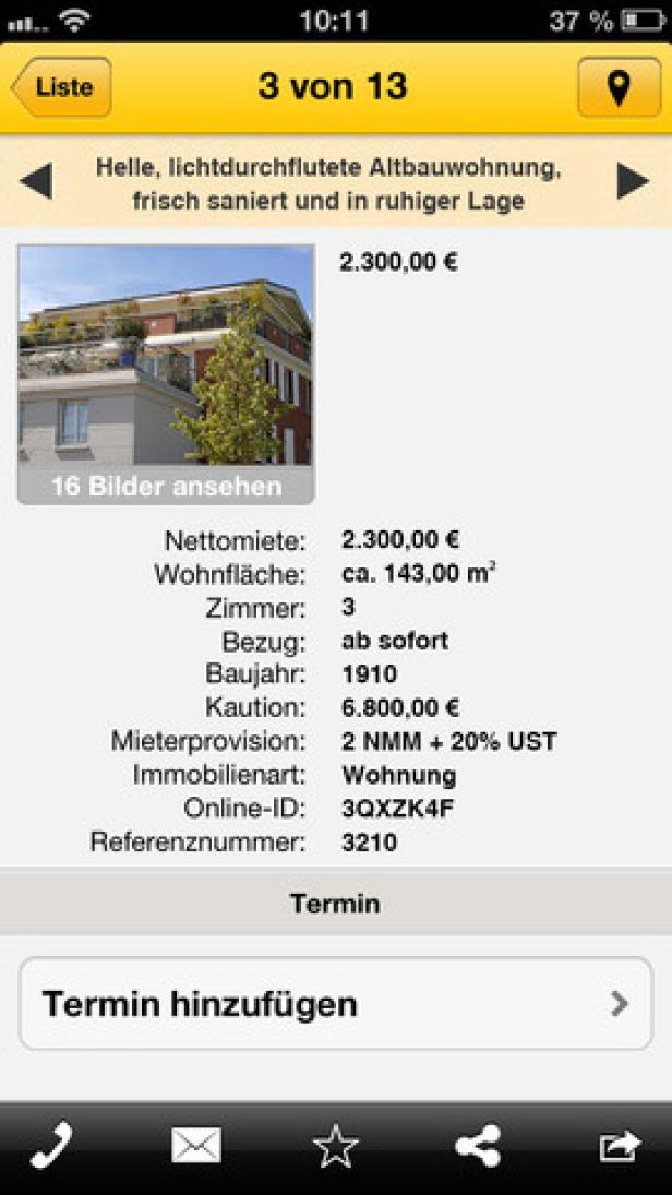 App-Ansicht einer hellen, sanierten Altbauwohnung in ruhiger Lage zur Miete.