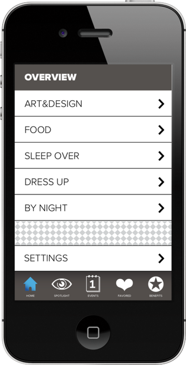Ein Smartphone zeigt eine App-Oberfläche mit Optionen wie „Art&Design“, „Food“ und „Settings“.