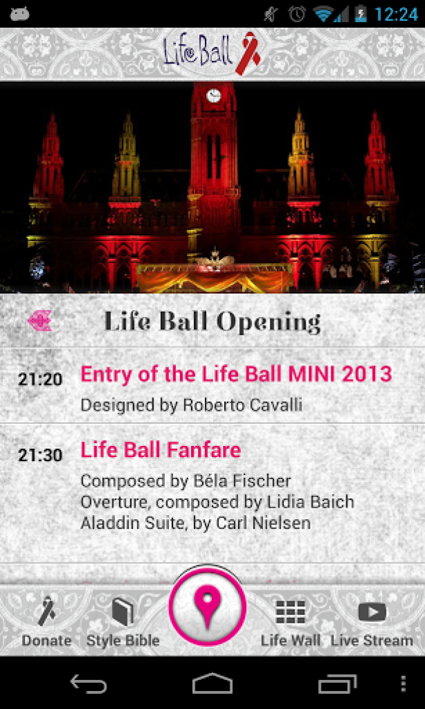 Screenshot der Life Ball App mit dem Wiener Rathaus im Hintergrund.
