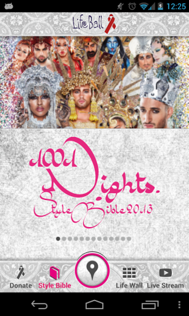 Ein Screenshot der Life Ball App mit dem Slogan „Good Nights. Style Bible 2013“.