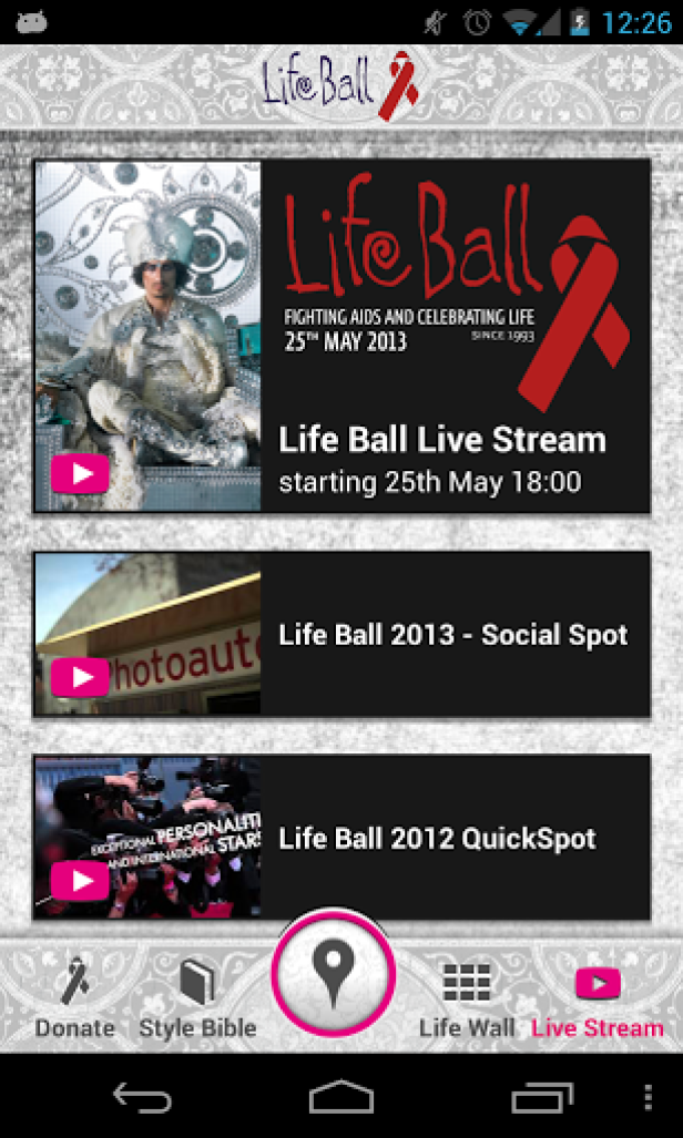 Screenshot der Life Ball App mit Ankündigungen für Live Streams und Social Spots.