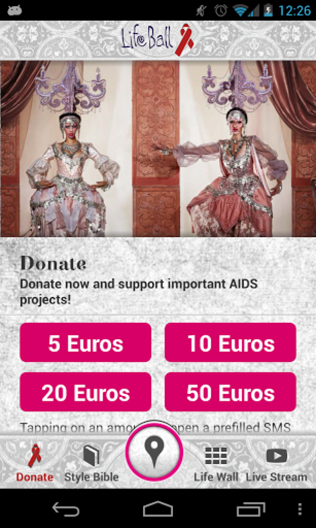 Screenshot der Life Ball-App mit der Aufforderung zu spenden.