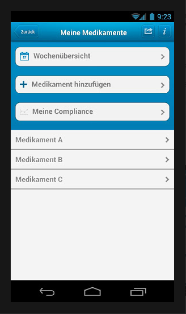 Ein Smartphone-Bildschirm zeigt eine App zur Medikamentenverwaltung.