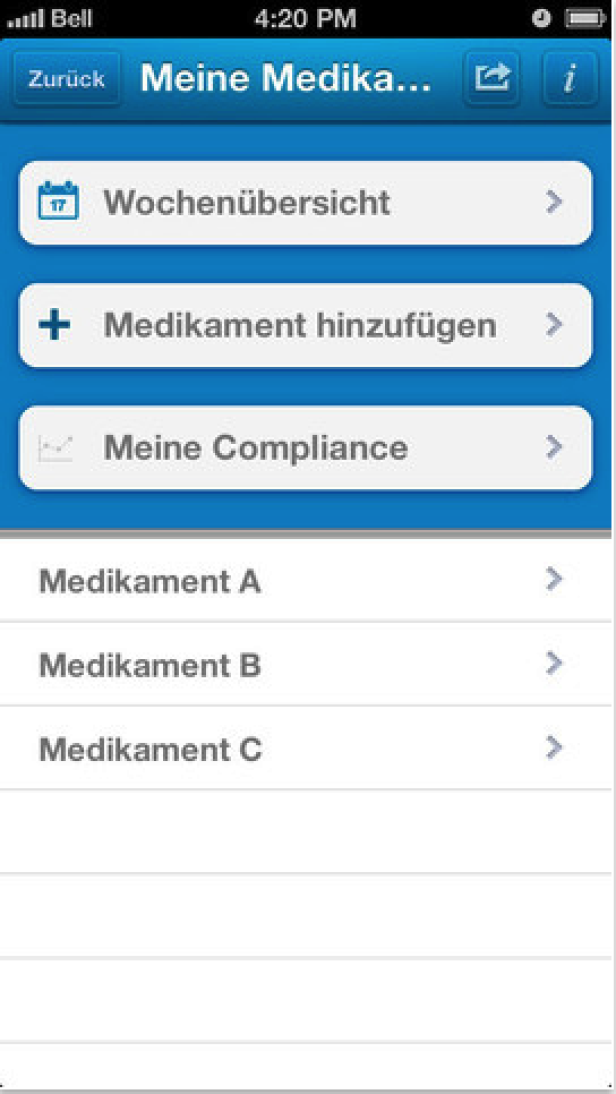 Ein Screenshot der „Meine Medikation“-App mit Optionen wie Wochenübersicht und Medikament hinzufügen.
