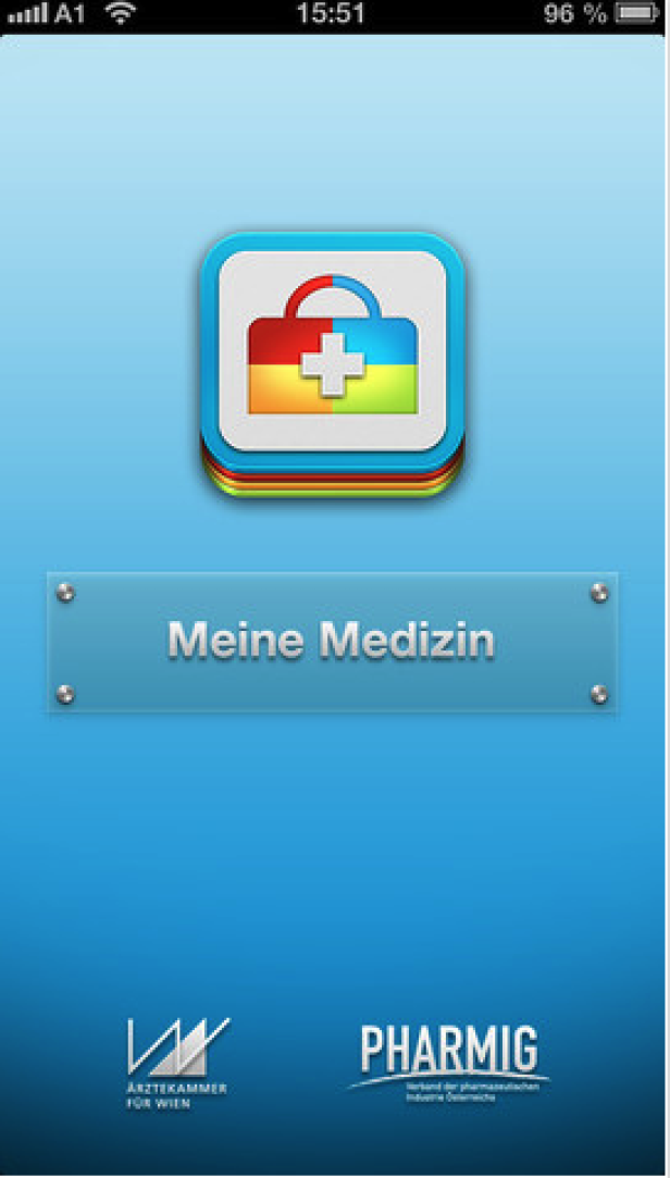 Der Startbildschirm der „Meine Medizin“-App mit einem bunten Apothekensymbol.