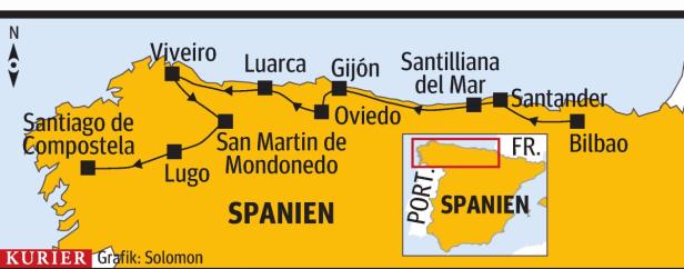 Eine Karte des Jakobswegs in Nordspanien von Santiago de Compostela nach Bilbao.