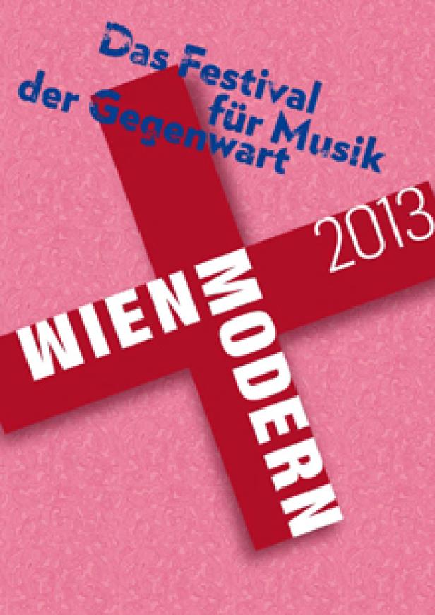 Das Plakat für das Festival „Wien Modern 2013“ zeigt ein rotes Kreuz auf rosafarbenem Grund.