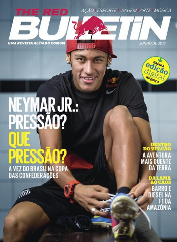Das Cover des „Red Bulletin“ Magazins mit Neymar Jr., der seine Fußballschuhe schnürt.