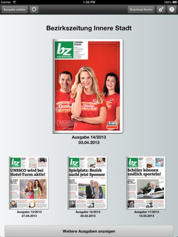 Die Bezirkszeitung Innere Stadt wird auf einem Tablet angezeigt.