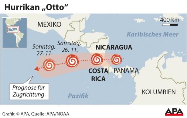 Eine Grafik zeigt den prognostizierten Weg des Hurrikans „Otto“ über Mittelamerika.