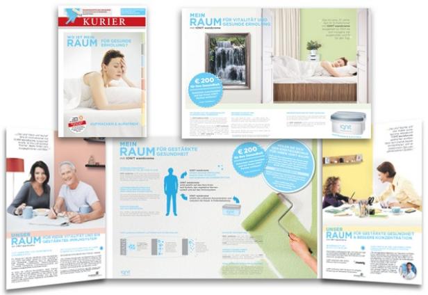 Eine Collage aus Werbeanzeigen für „IONIT“-Wandfarbe, die Entspannung und Gesundheit verspricht.