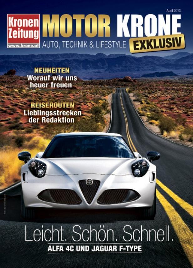 Das Cover der „Motor Krone“ April 2013 mit einem weißen Alfa 4C im Vordergrund.