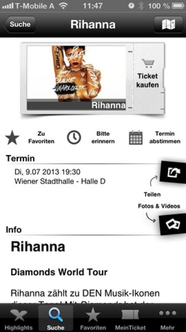 Ein Screenshot einer Ticket-App für Rihanna's „Diamonds World Tour“ in der Wiener Stadthalle am 9. Juli 2013.
