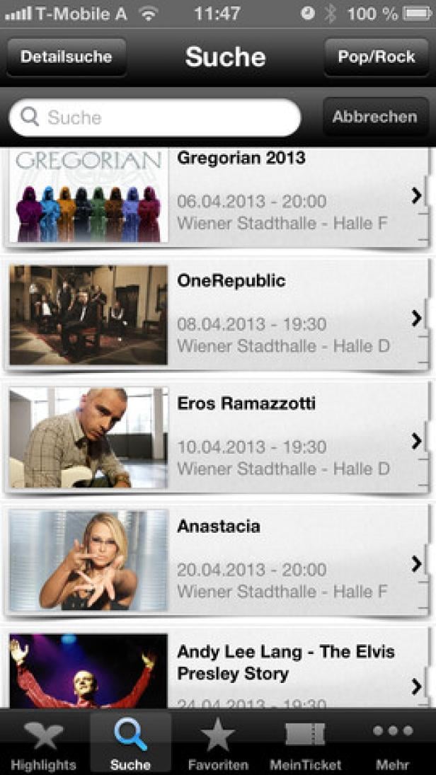 Ein Screenshot einer Suchergebnisliste für Konzerte in einer App.