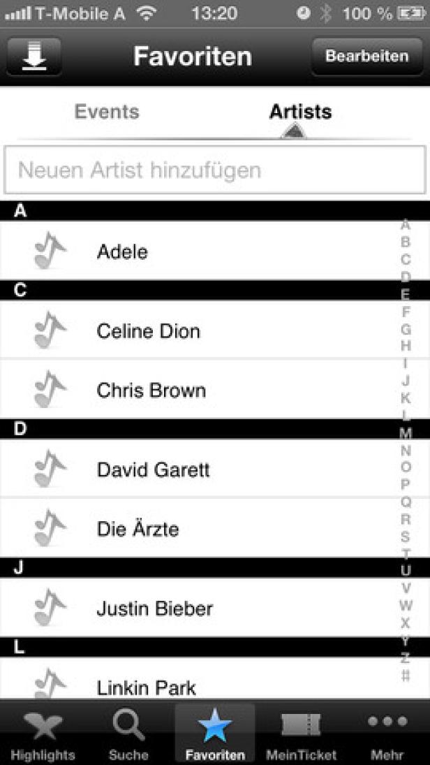Ein Screenshot einer Favoritenliste von Künstlern in einer Musik-App, darunter Adele, Celine Dion und Justin Bieber.