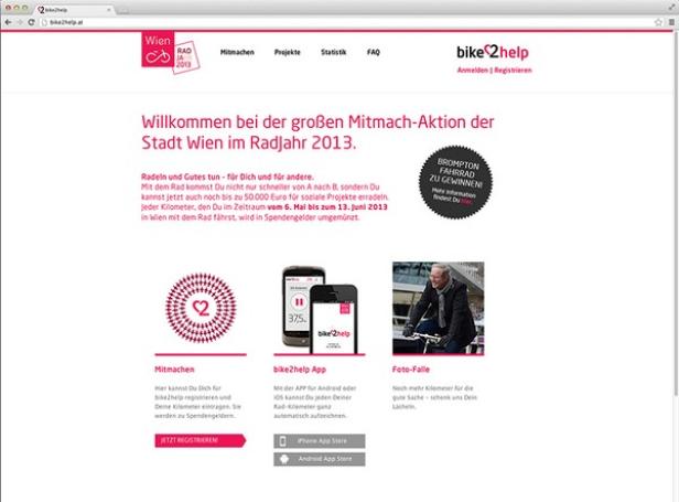 Die Webseite bike2help.at wirbt für eine Wiener Spendenaktion im Radjahr 2013.