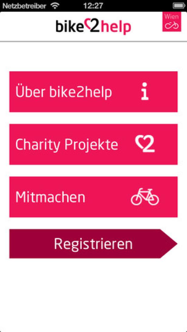 Ein Screenshot der „bike2help“-App mit verschiedenen Menüoptionen.