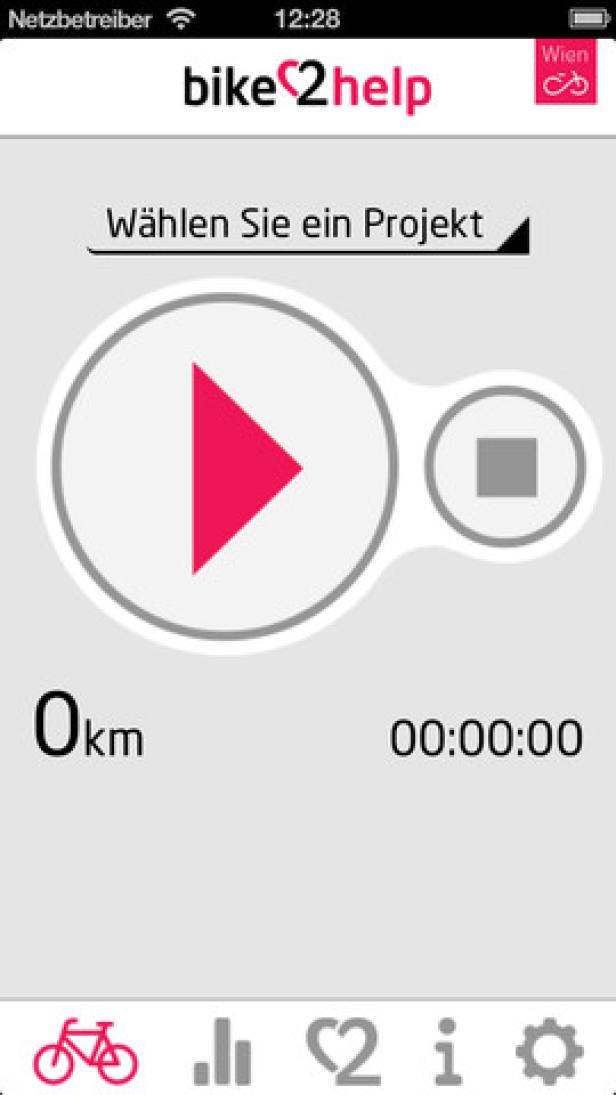 Ein Screenshot der „bike2help“-App mit einem roten Play-Button und der Aufforderung „Wählen Sie ein Projekt“.