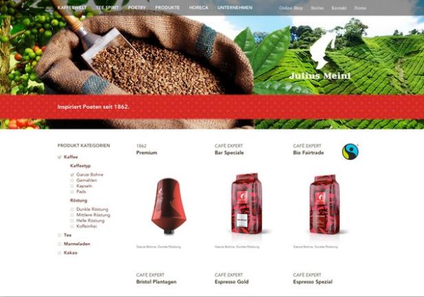Die Webseite von Julius Meinl mit Kaffeebohnen, Plantagen und Produktkategorien.