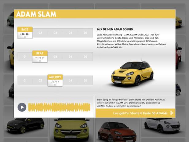 Ein gelber Opel Adam Slam auf einer Webseite zur Sound-Konfiguration.
