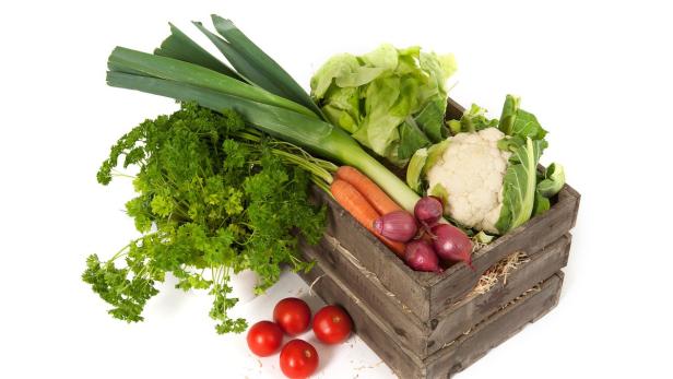 Ein Holzkiste gefüllt mit frischem Gemüse wie Lauch, Salat, Karotten, Zwiebeln und Blumenkohl.