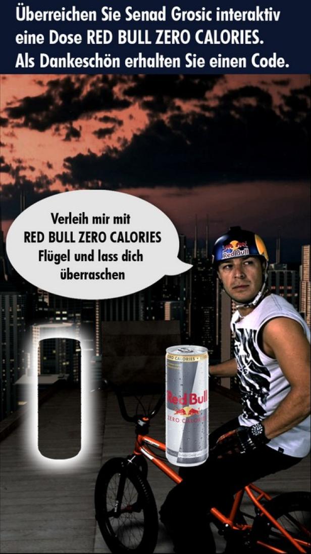 Senad Grosic auf einem BMX-Rad mit einer Dose Red Bull Zero Calories vor einer Skyline.
