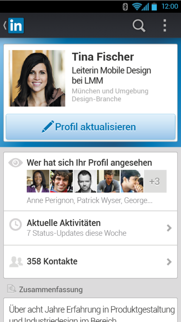 Ein Screenshot der LinkedIn-App auf einem Smartphone, mit dem Profil von Tina Fischer.