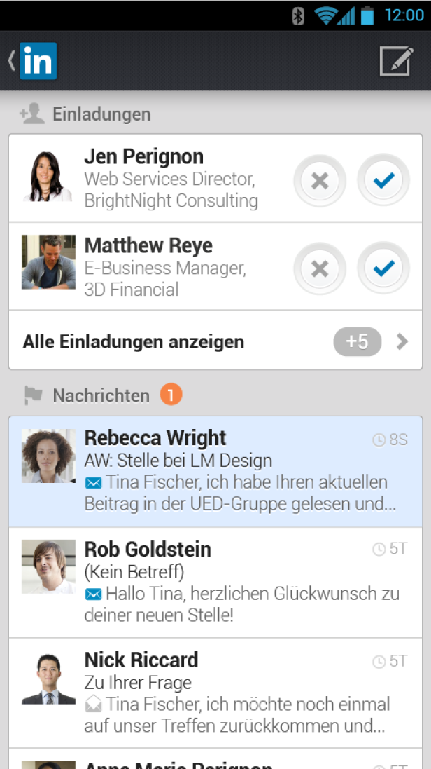 Ein Screenshot der LinkedIn-App mit Benachrichtigungen und Einladungen.
