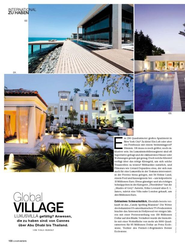 Verschiedene Ansichten luxuriöser Villen in Cannes, Abu Dhabi und Thailand.