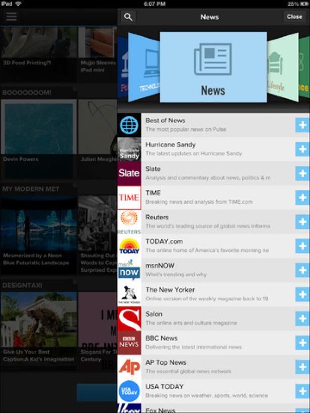 Ein iPad-Bildschirm zeigt eine Nachrichten-App mit verschiedenen Nachrichtenquellen wie BBC News und USA Today.