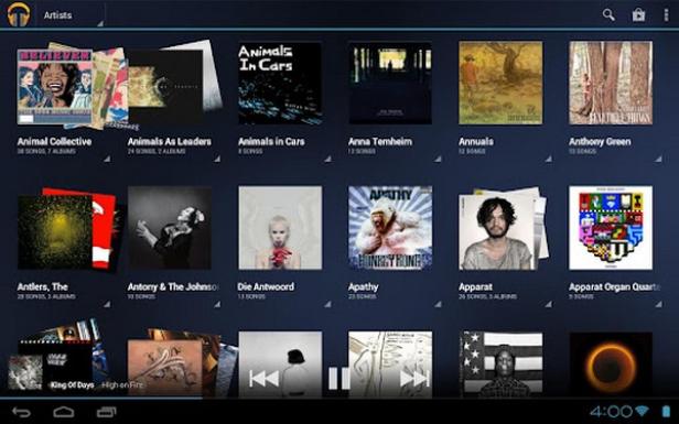 Ein Bildschirm mit einer Musik-App, die verschiedene Künstler und Alben anzeigt.