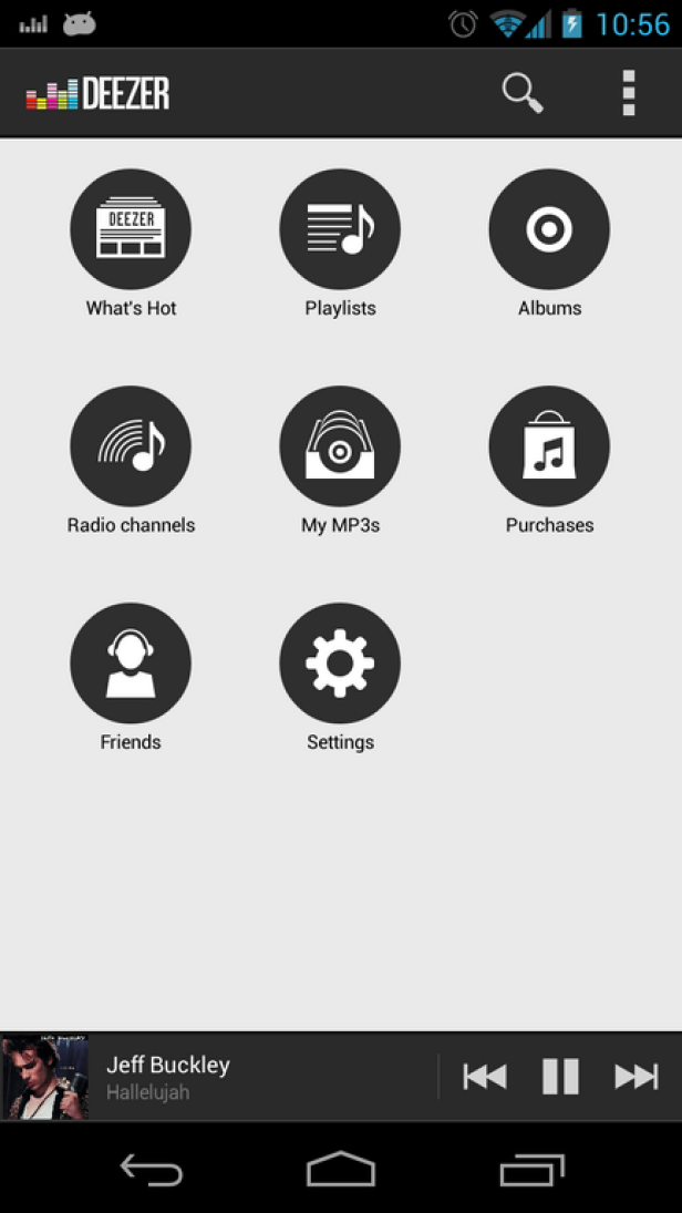Ein Screenshot der Deezer-App mit verschiedenen Menüoptionen wie Playlists und Radio.